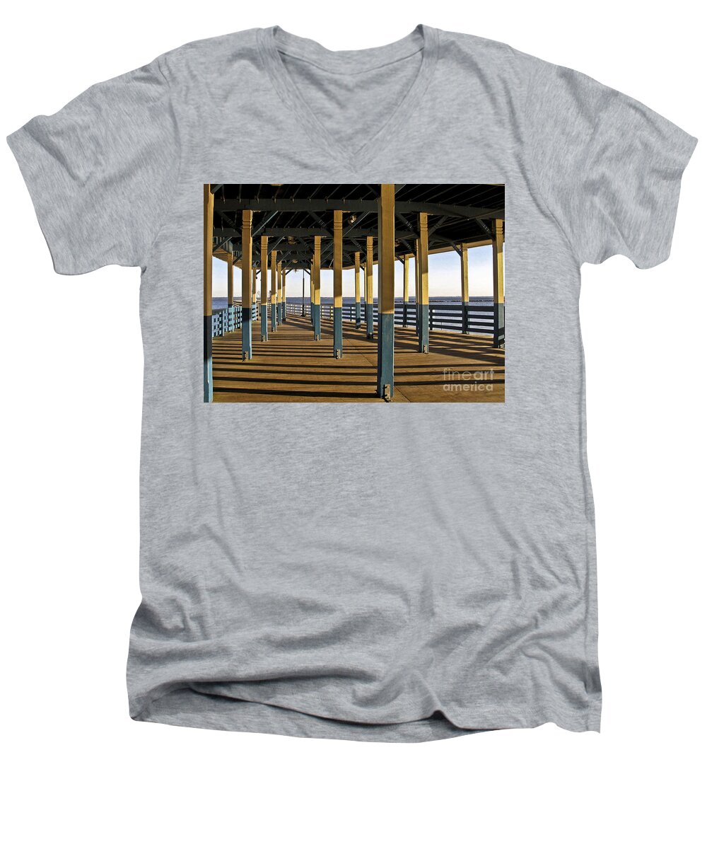 Seascape Men's V-Neck T-Shirt featuring the photograph Seascape Walk on the Pier by Carol F Austin