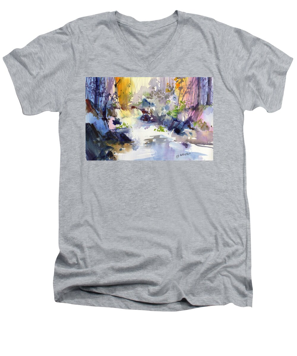 New England Scenes Men's V-Neck T-Shirt featuring the painting Secret Falls by P Anthony Visco