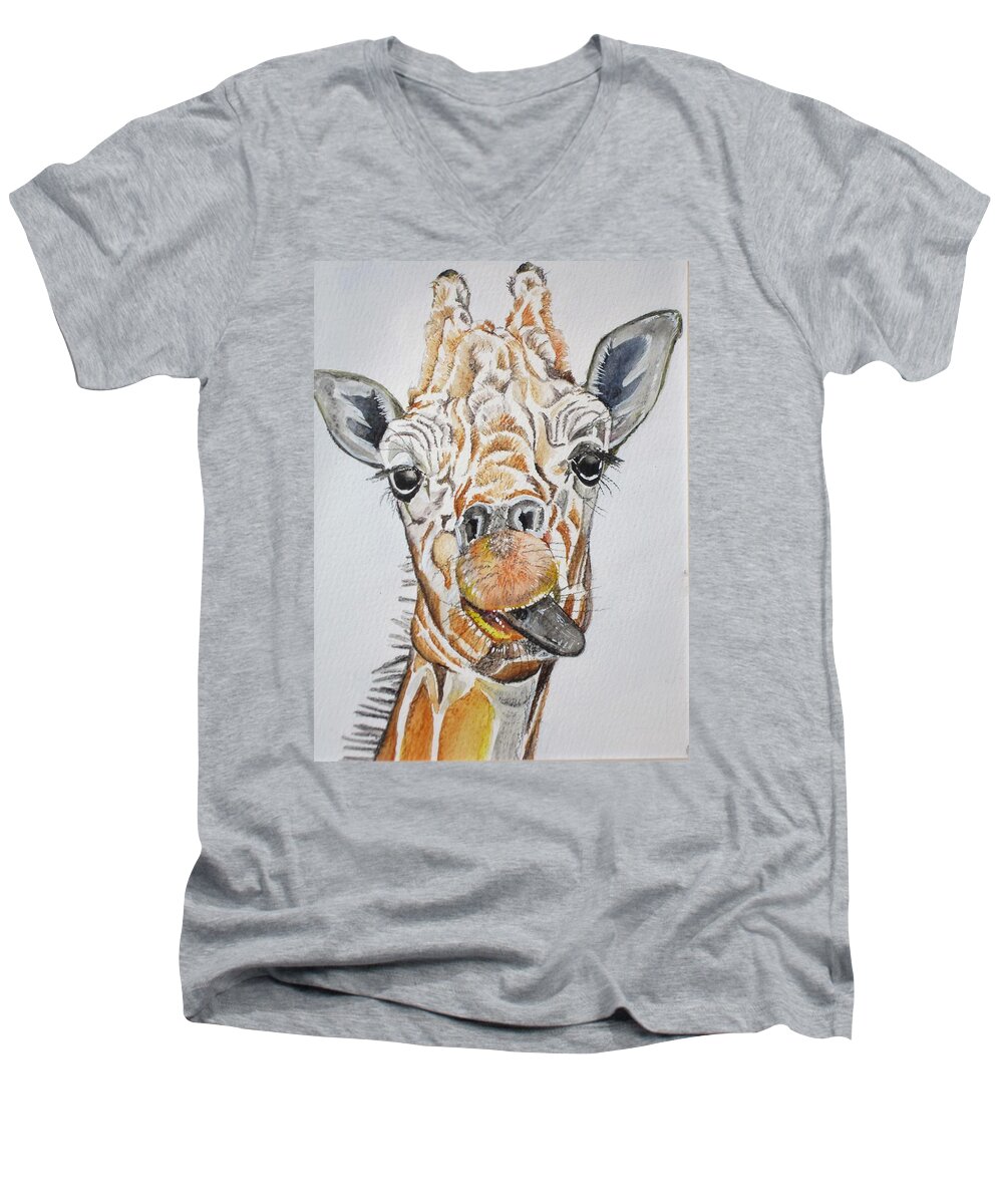 Giraffe Men's V-Neck T-Shirt featuring the painting See my tongue by Teresa Smith