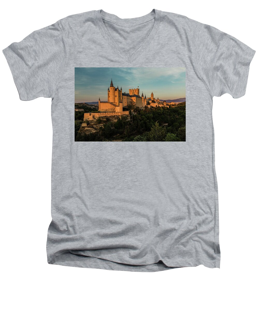 Golden Hour Men's V-Neck T-Shirt featuring the photograph Segovia Alcazar and Cathedral Golden Hour by Josh Bryant