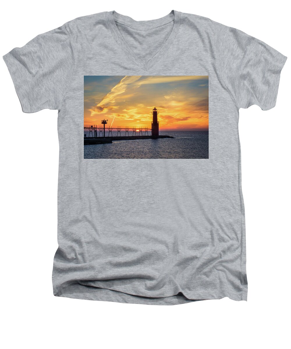 Lighthouse Men's V-Neck T-Shirt featuring the photograph Serious Sunrise by Bill Pevlor