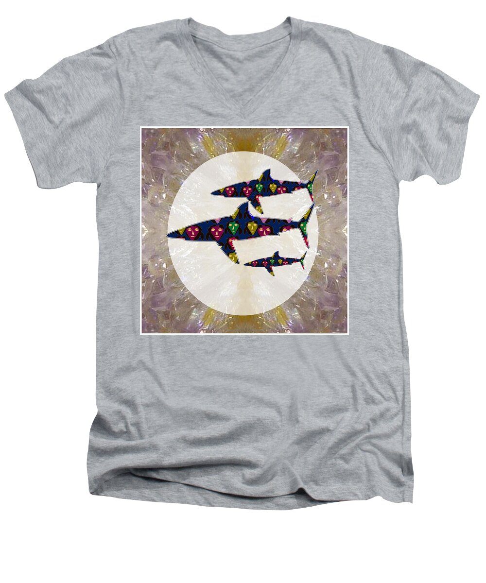 Fish Men's V-Neck T-Shirt featuring the mixed media Shark Fish Dangerous painted cartoon face link for download option below personal n commercial uses by Navin Joshi