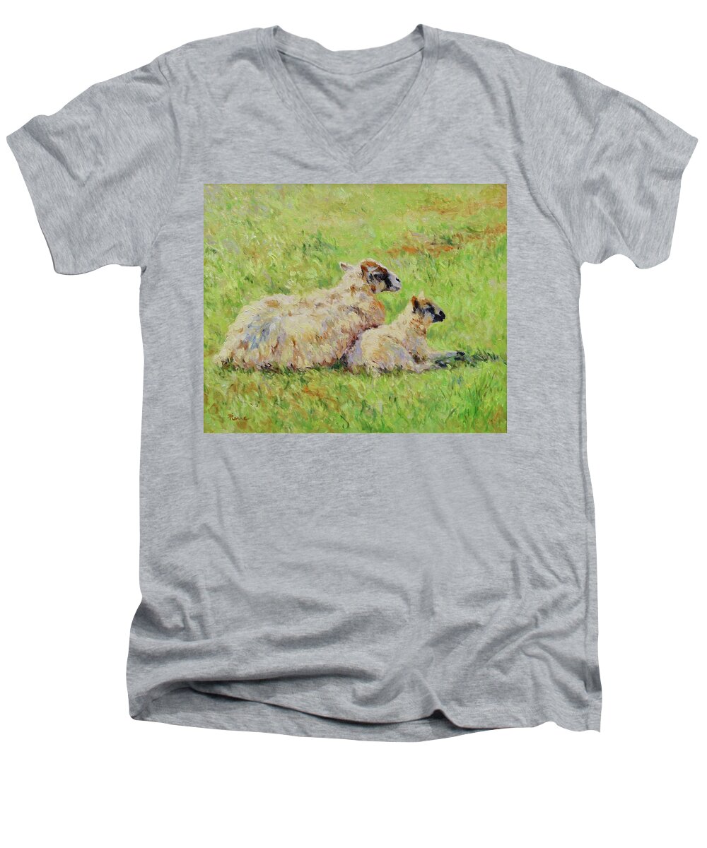 Artpierre Men's V-Neck T-Shirt featuring the painting Sheep in the spring time,La vie est belle by Pierre Dijk