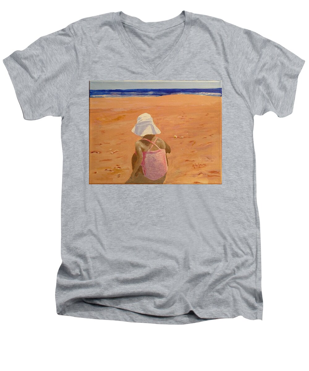 Girl Men's V-Neck T-Shirt featuring the painting Shell Game by Mike Jenkins