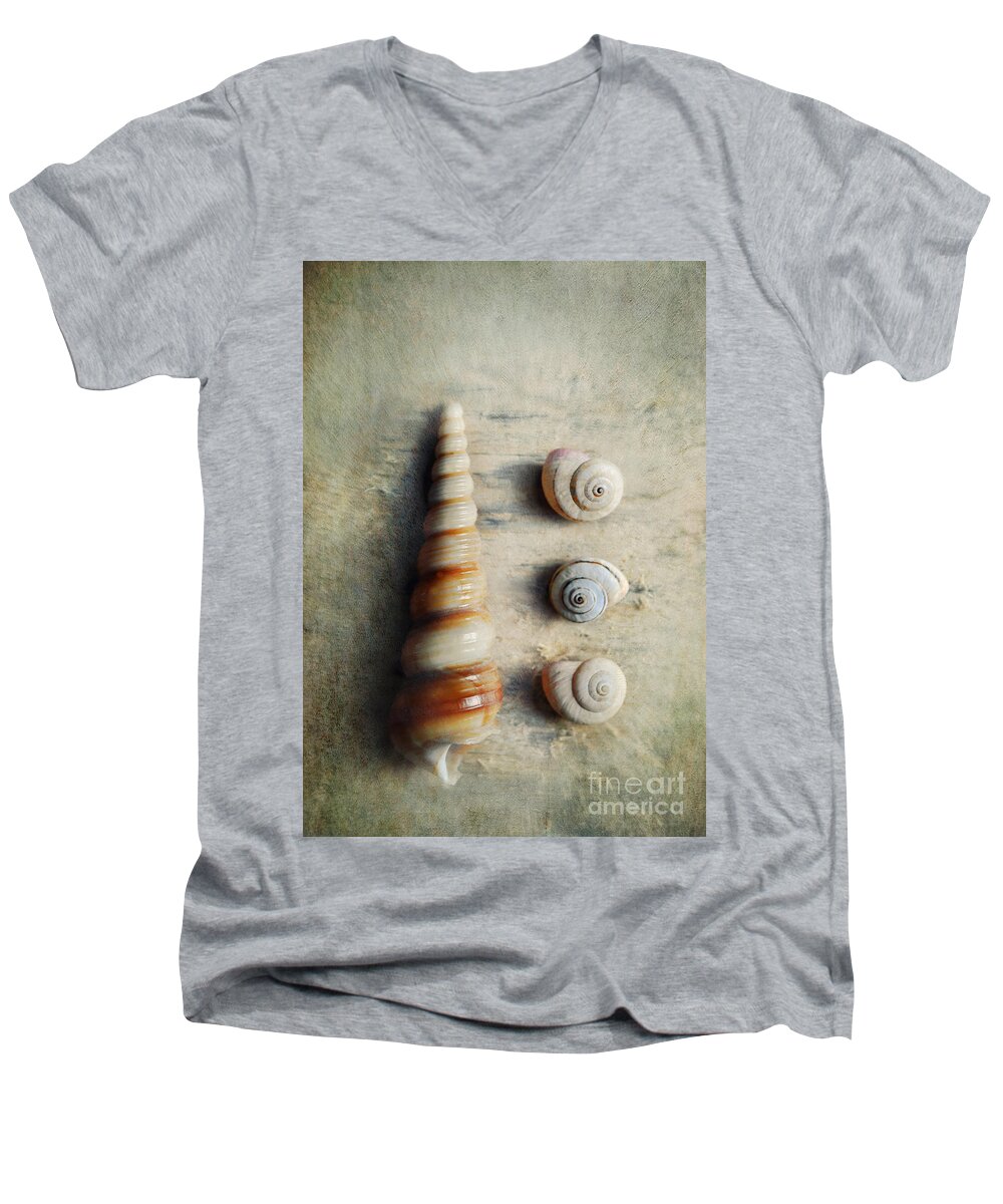 Shells Men's V-Neck T-Shirt featuring the photograph Shells on beach wood by Lyn Randle
