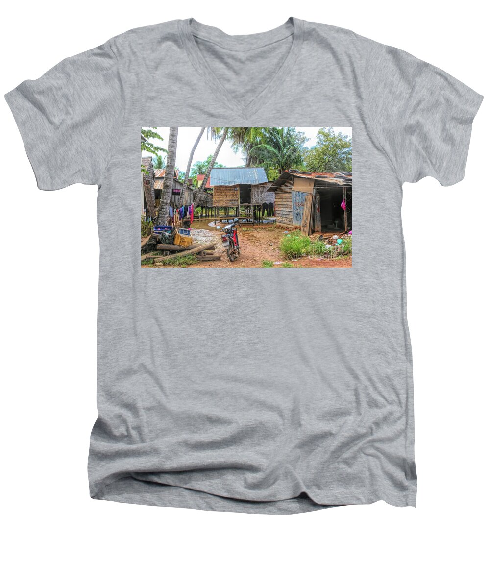 Cambodia Men's V-Neck T-Shirt featuring the photograph Shelter Home Cambodia Siem Reap I by Chuck Kuhn