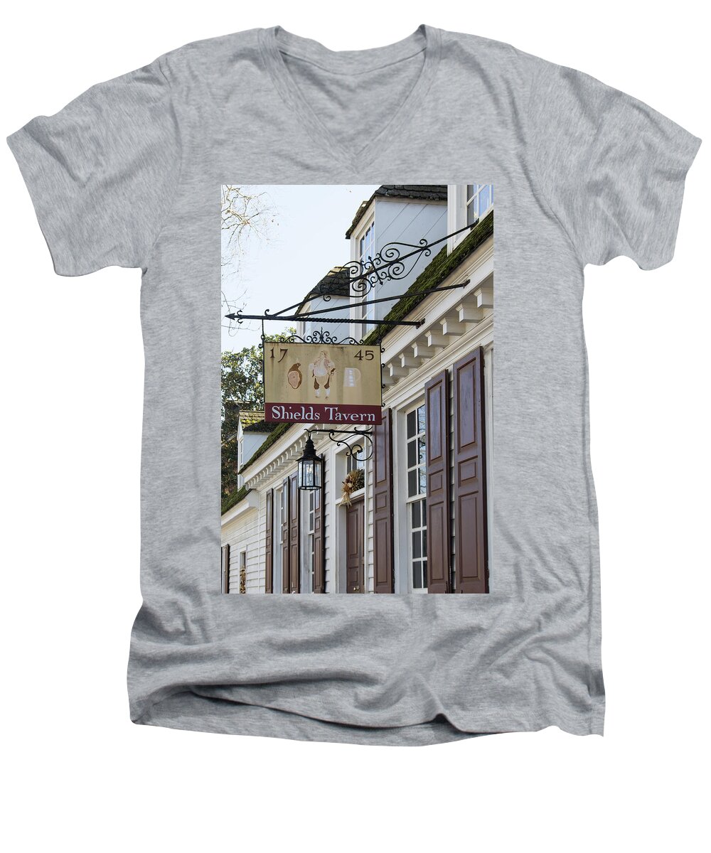 2015 Men's V-Neck T-Shirt featuring the photograph Shields Tavern Sign by Teresa Mucha