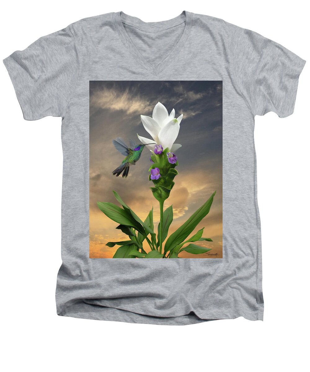 Flower Men's V-Neck T-Shirt featuring the digital art Siam Sparkling Curcuma and Hummingbird by M Spadecaller