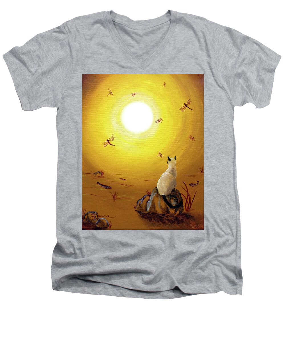 Siamese Cat Men's V-Neck T-Shirt featuring the painting Siamese Cat with Red Dragonflies by Laura Iverson
