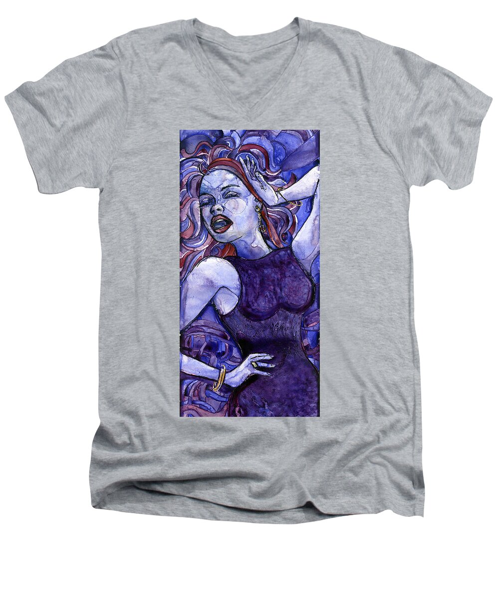 Sing Men's V-Neck T-Shirt featuring the painting Singing Lady- Jazz by Amy Stielstra