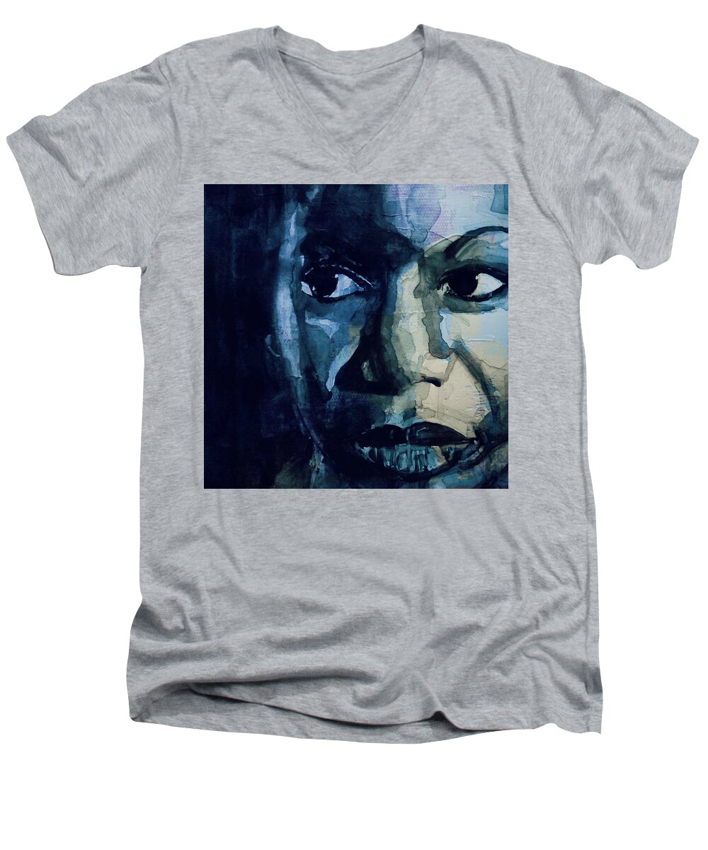 Nina Simone Men's V-Neck T-Shirt featuring the painting Sinnerman - Nina Simone by Paul Lovering