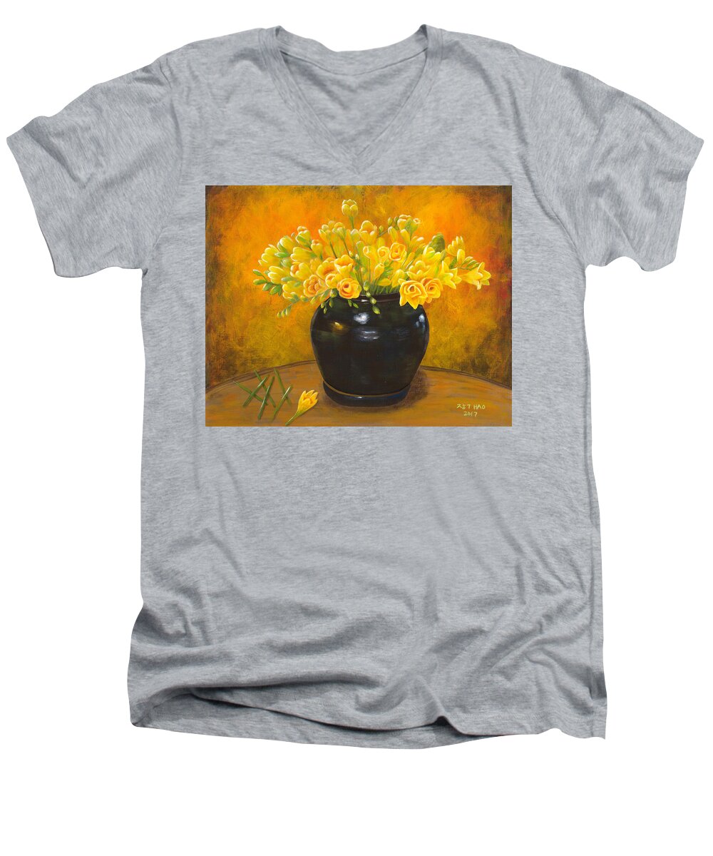 Freesia Men's V-Neck T-Shirt featuring the painting A gift from the past by Helian Cornwell