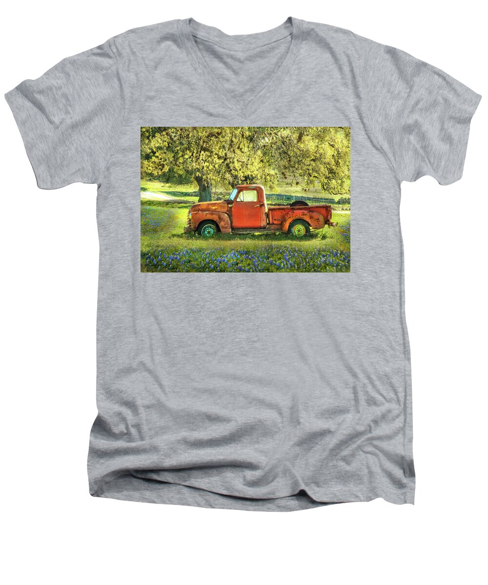 Landscape Men's V-Neck T-Shirt featuring the photograph Sitting in the Bluebonnets by Jolynn Reed