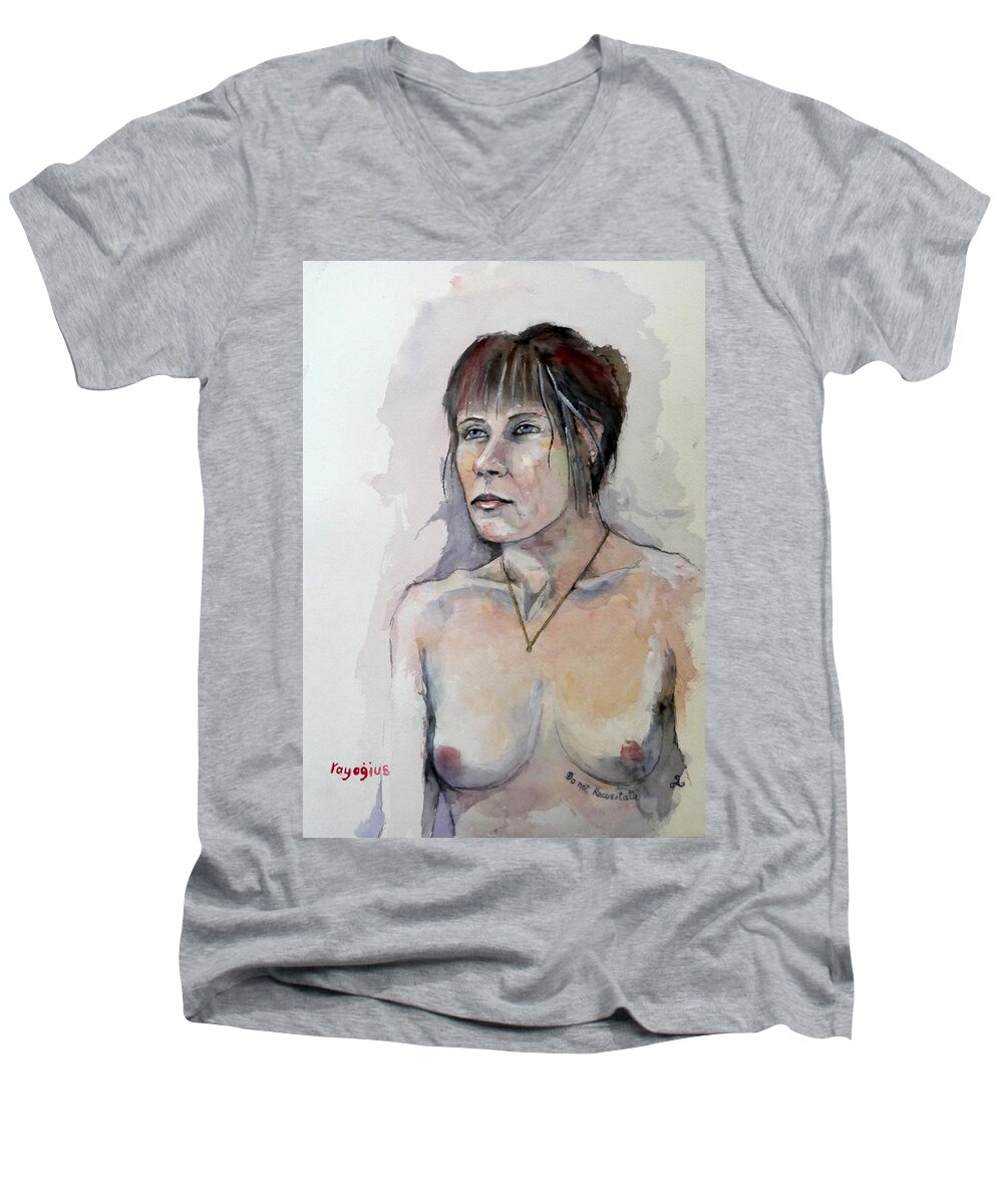Female Men's V-Neck T-Shirt featuring the painting Sketch for White Amber by Ray Agius
