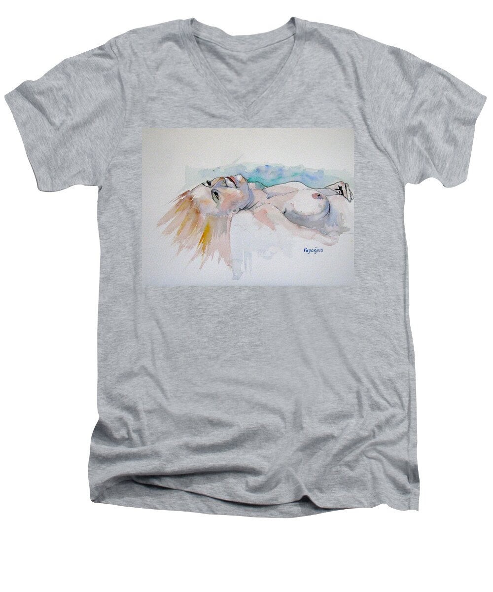 Female Men's V-Neck T-Shirt featuring the painting Sketch Mary Lying by Ray Agius