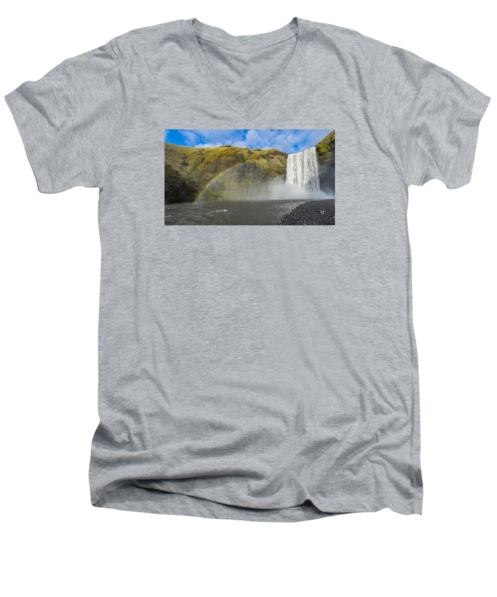Landscape Men's V-Neck T-Shirt featuring the photograph Skogafoss Rainbow by James Billings