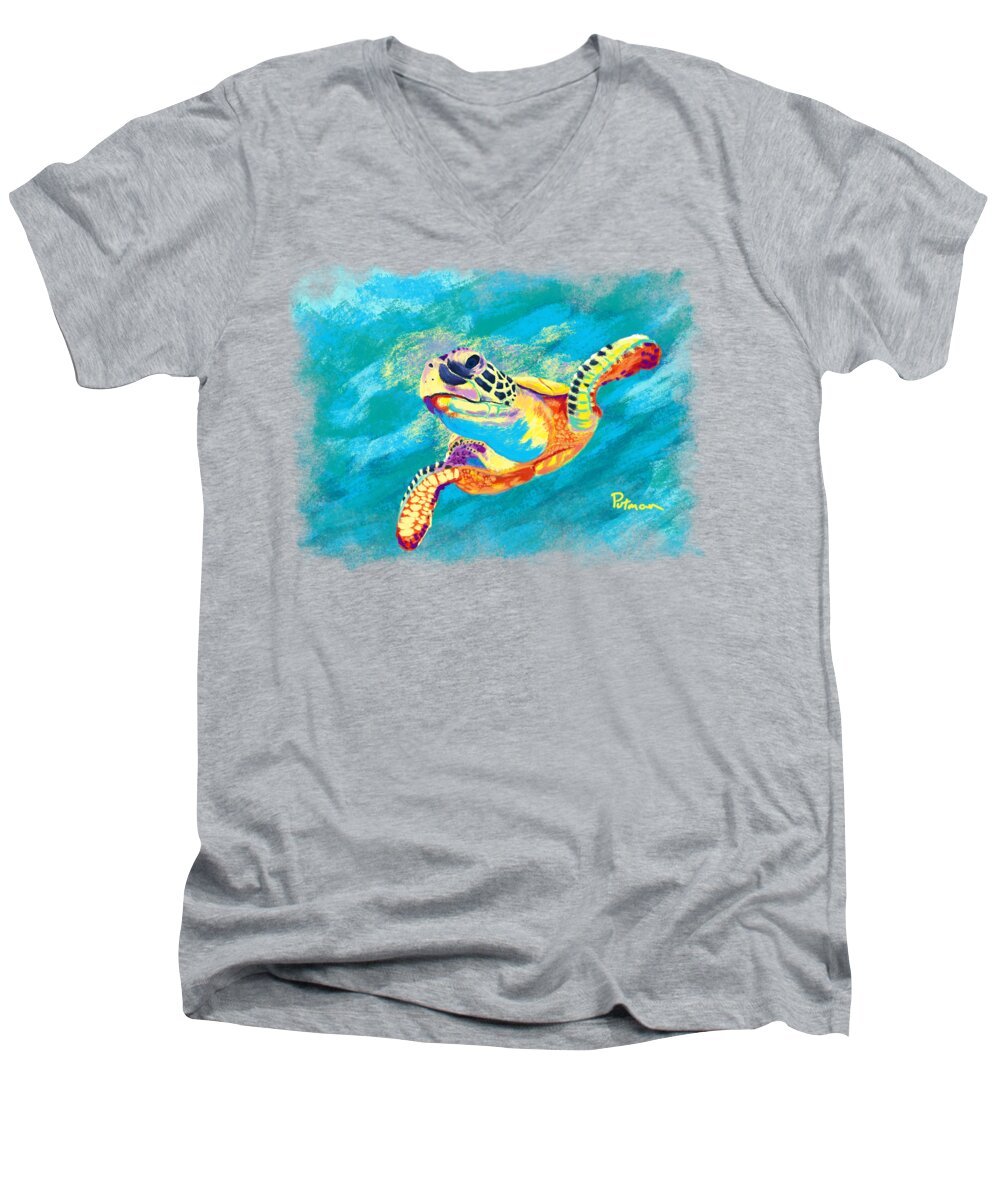 Sea Turtle Men's V-Neck T-Shirt featuring the digital art Slow Ride by Kevin Putman