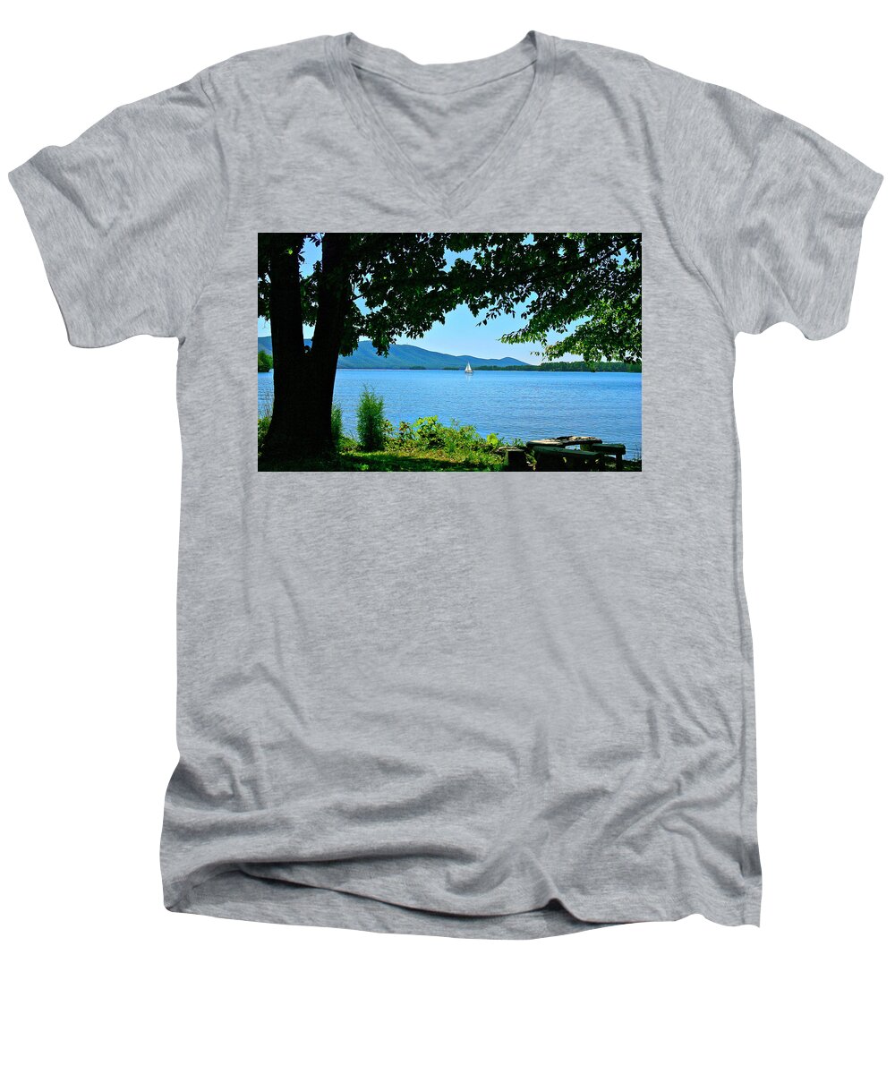 Smith Mountain Lake Men's V-Neck T-Shirt featuring the photograph Smith Mountain Lake Sailor by The James Roney Collection