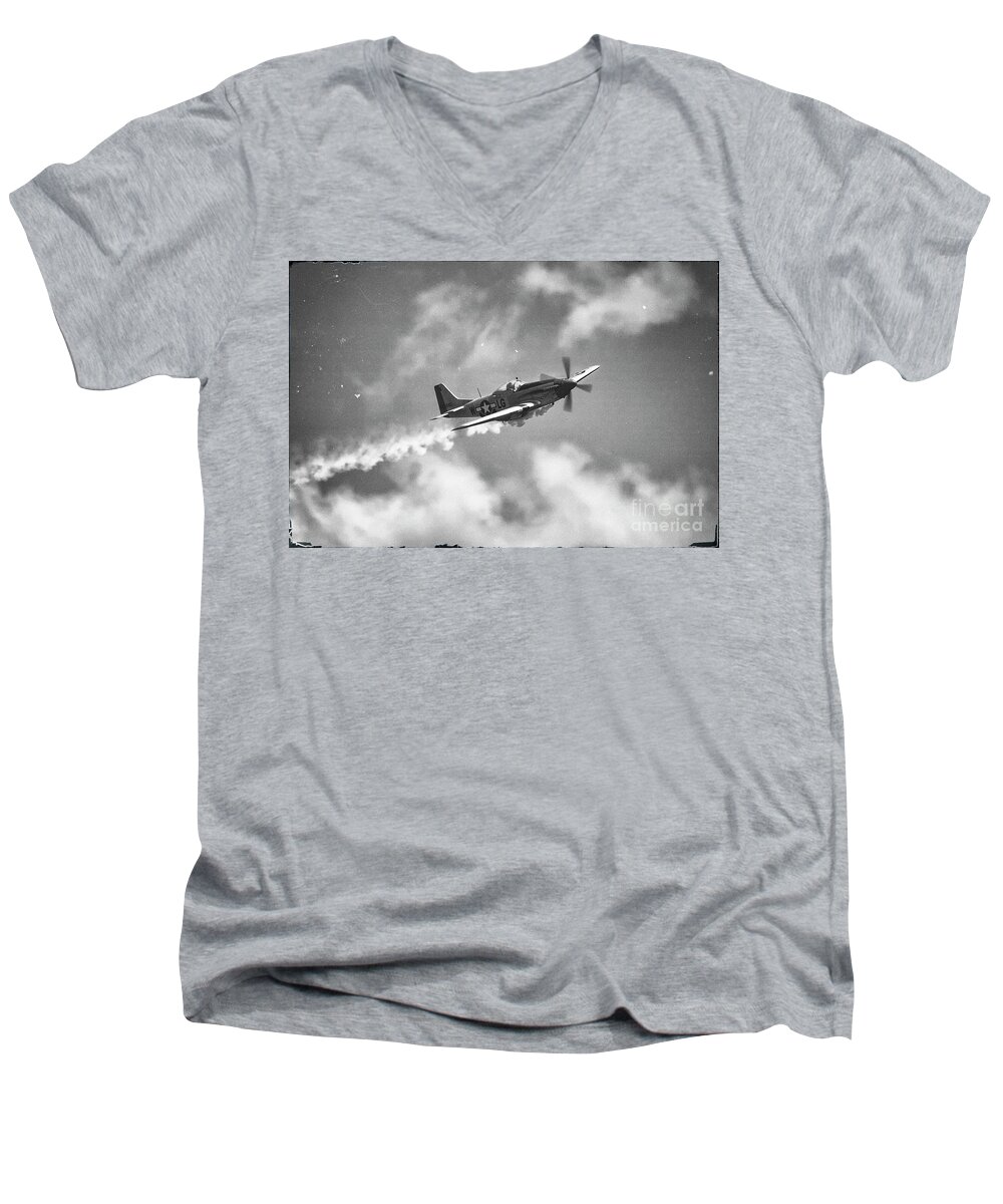 P-51 Men's V-Neck T-Shirt featuring the photograph Smokin 51 BW by Gulf Coast Aerials -