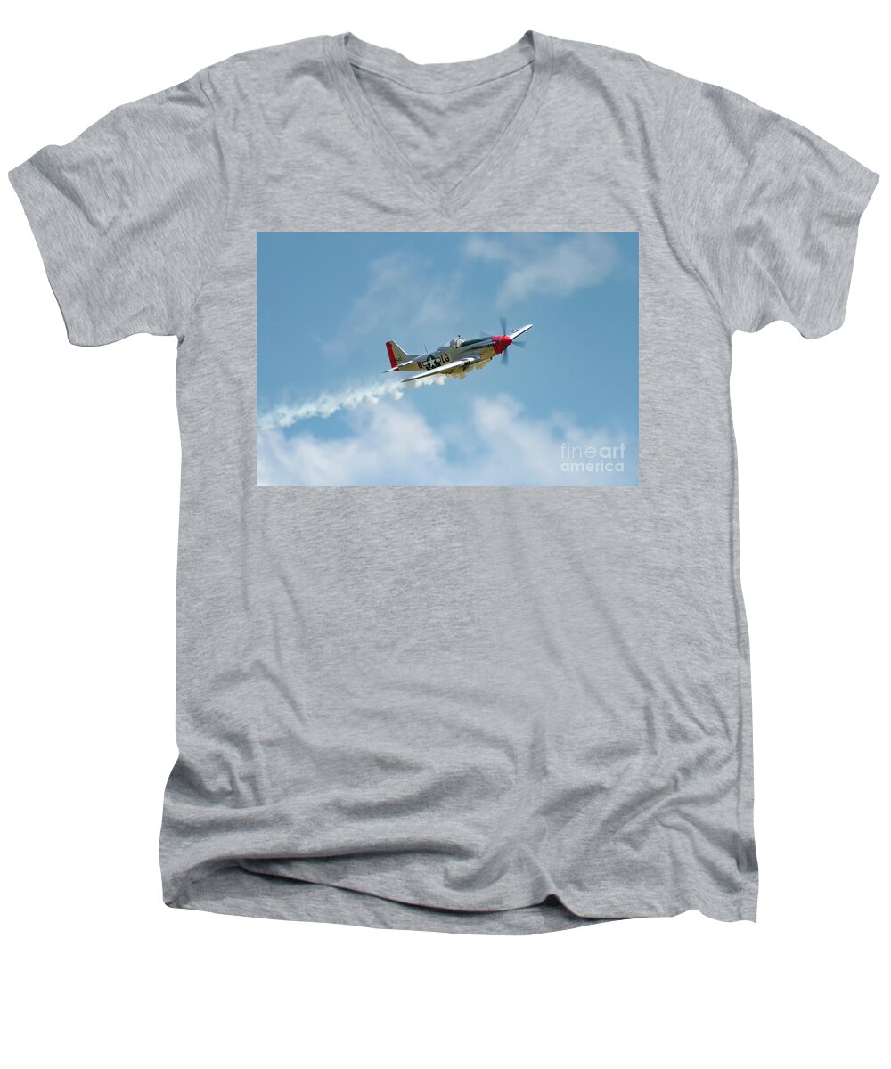 P51 Men's V-Neck T-Shirt featuring the photograph Smokin 51 Color by Gulf Coast Aerials -
