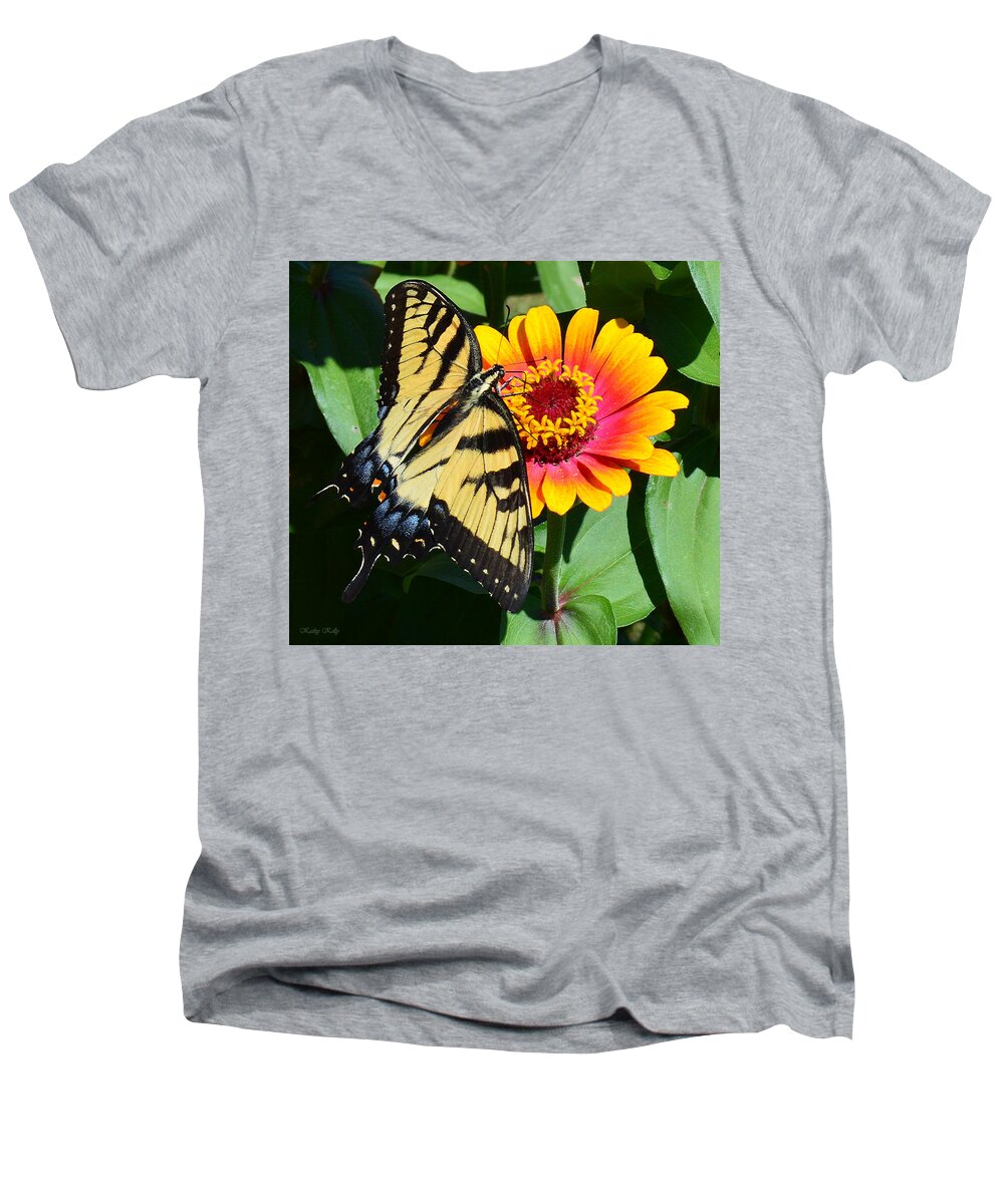 Butterfly Men's V-Neck T-Shirt featuring the photograph Snacking Tiger Swallowtail Butterfly by Kathy Kelly