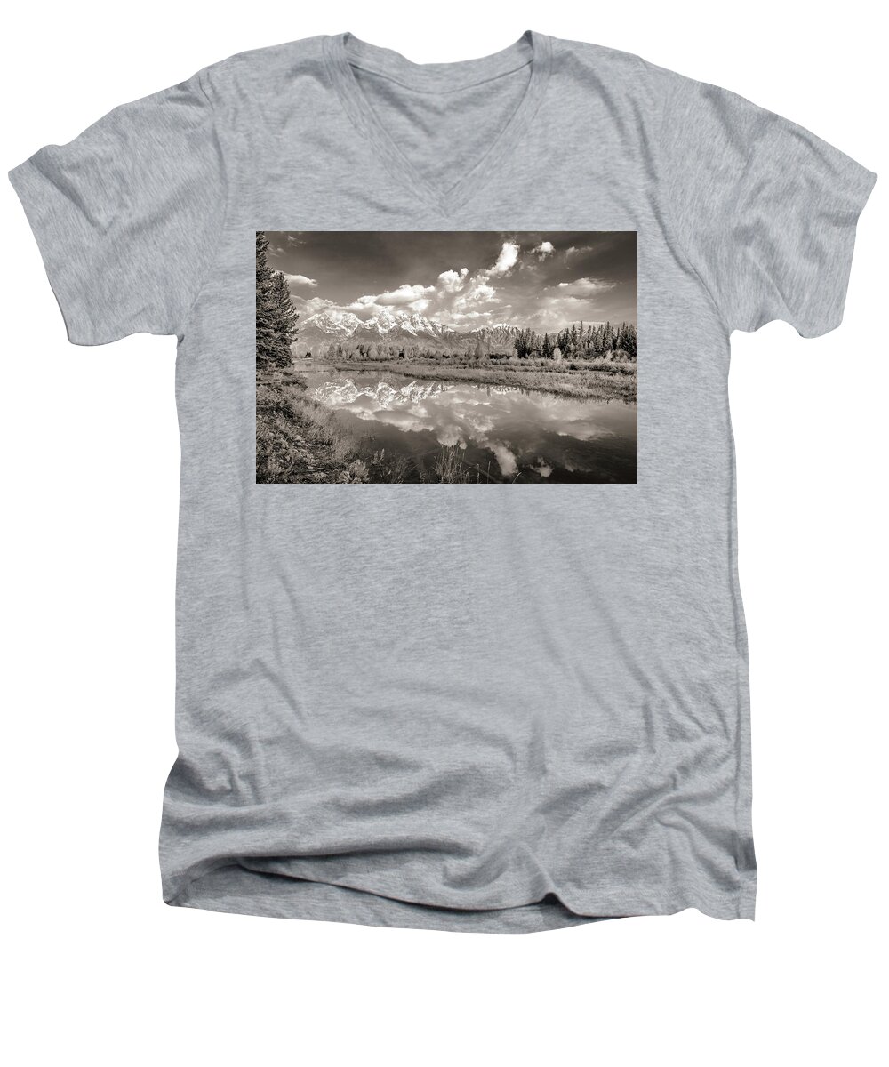 Adventure Men's V-Neck T-Shirt featuring the photograph Snake River Reflection Grand Teton Monochromatic by Scott McGuire