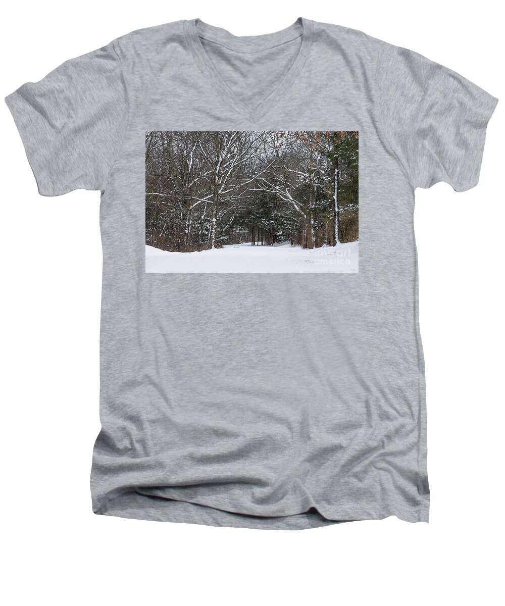 Winter Men's V-Neck T-Shirt featuring the mixed media Snow Covered Road Painterly by Jennifer White
