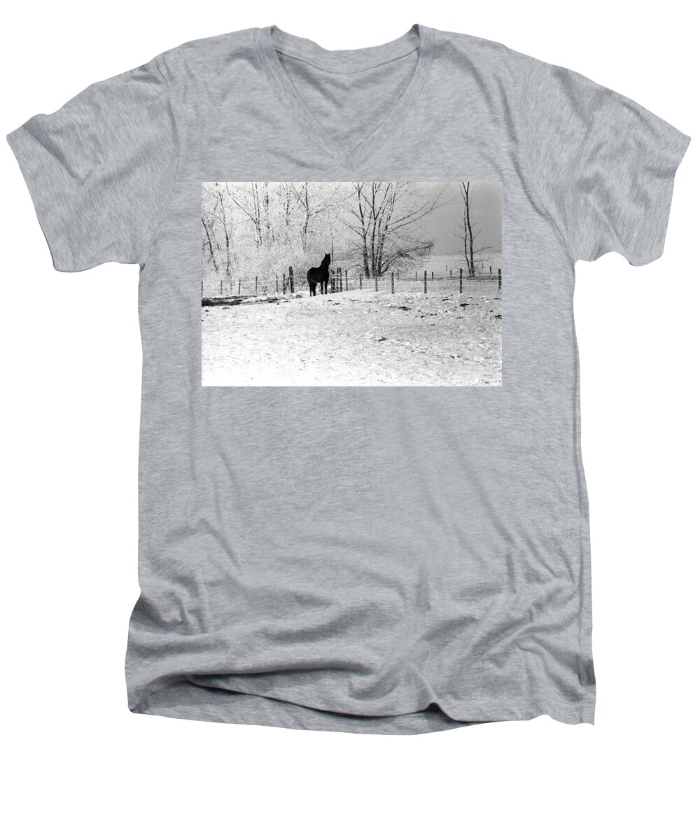 Horse Ward County North Dakota Men's V-Neck T-Shirt featuring the photograph Snow Horse by William Kimble