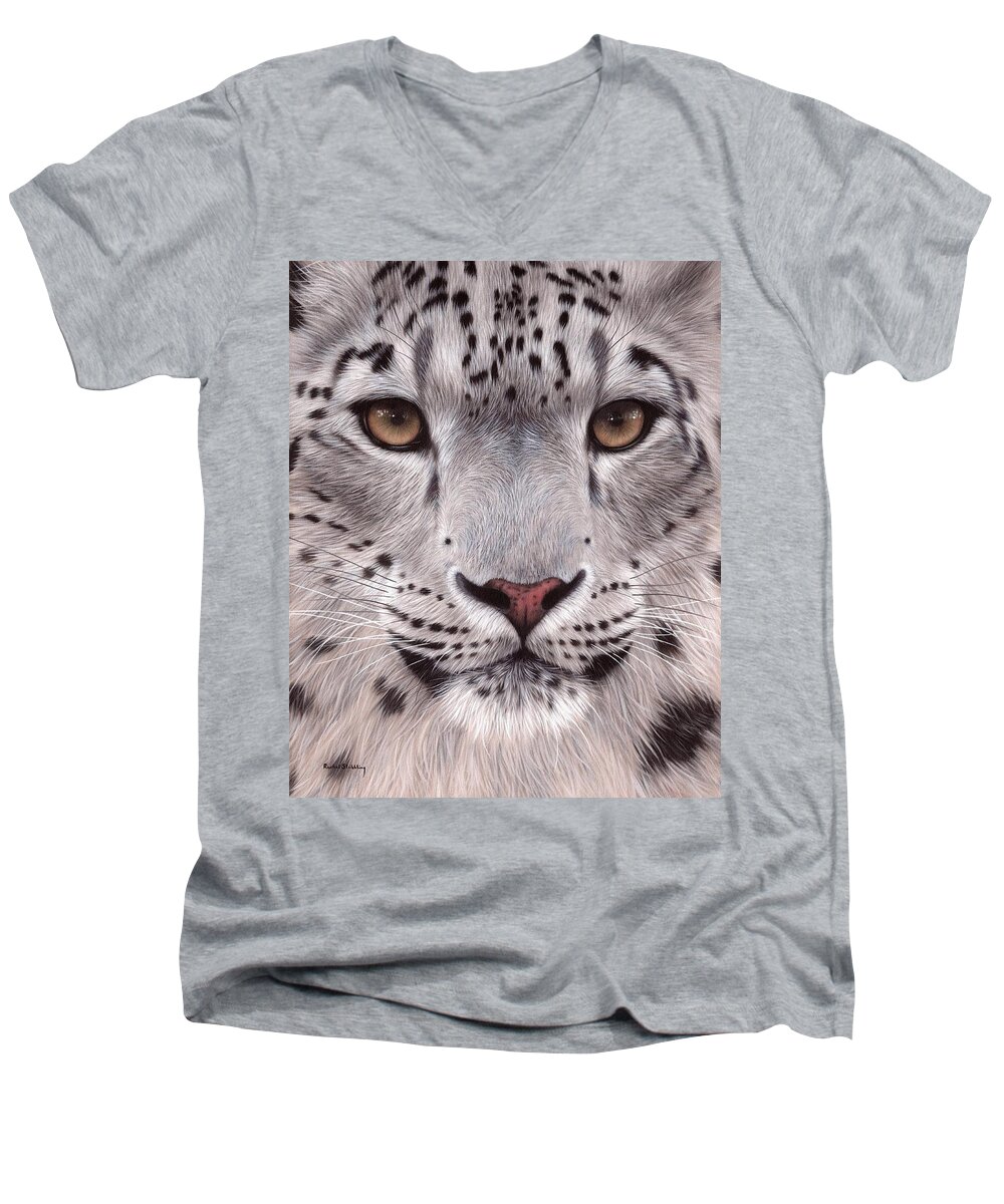 Snow Leopard Men's V-Neck T-Shirt featuring the painting Snow Leopard Face by Rachel Stribbling