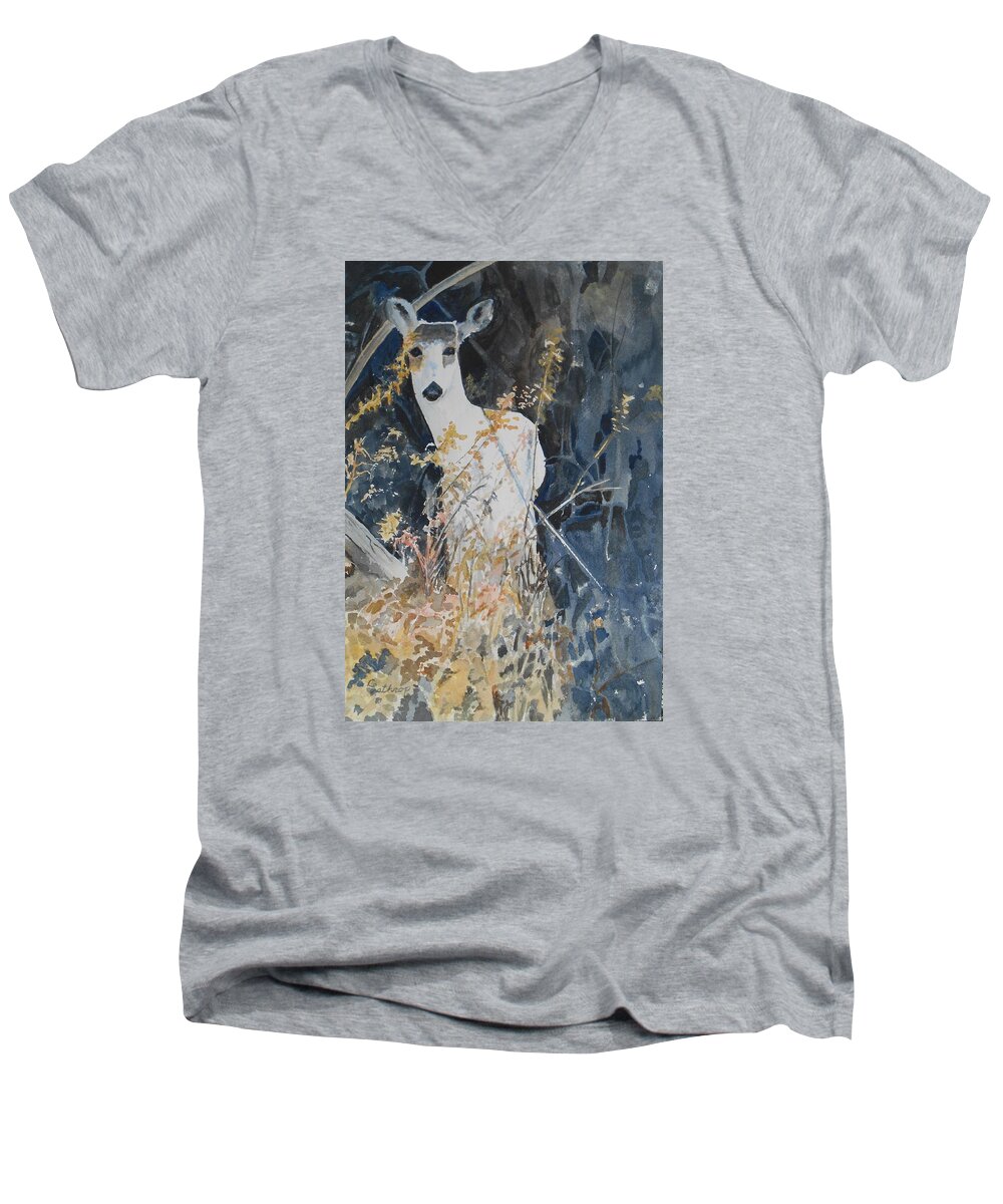 Deer Men's V-Neck T-Shirt featuring the painting Snow White by Christine Lathrop