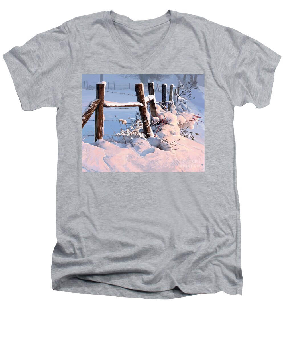 Frozen Men's V-Neck T-Shirt featuring the painting Snowy Fence Line by Jackie Case