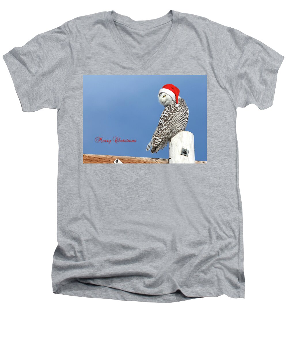 Snowy Owl Men's V-Neck T-Shirt featuring the photograph Snowy Owl Christmas Card by Everet Regal