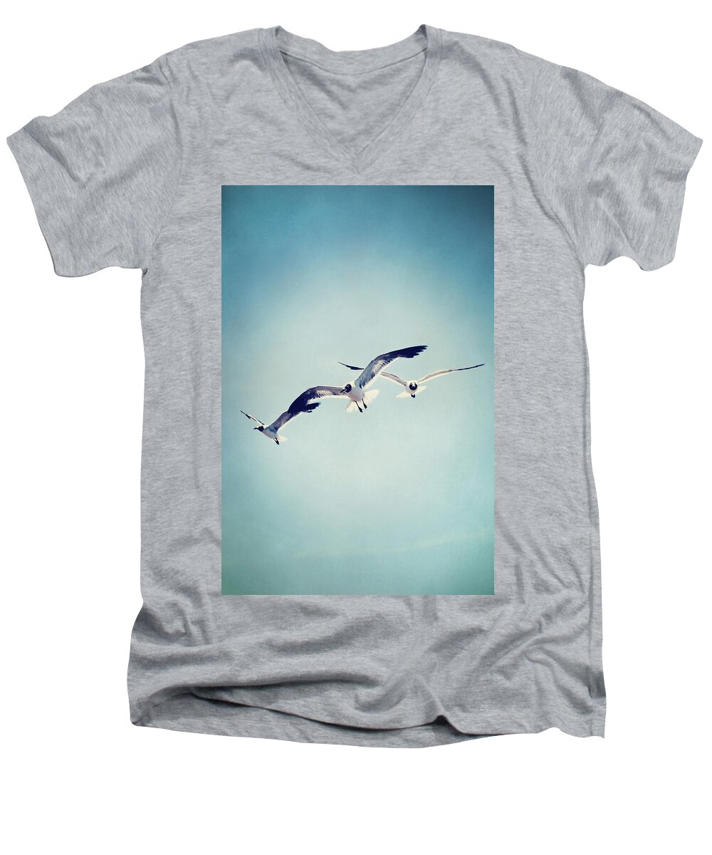 Seagulls Men's V-Neck T-Shirt featuring the photograph Soaring Seagulls by Trish Mistric