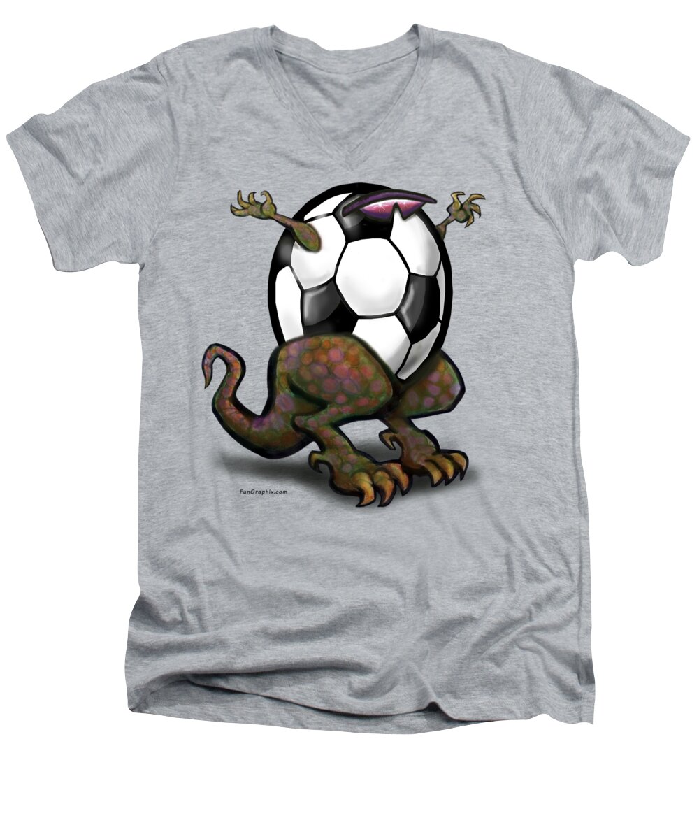 Soccer Men's V-Neck T-Shirt featuring the digital art Soccer Saurus Rex by Kevin Middleton