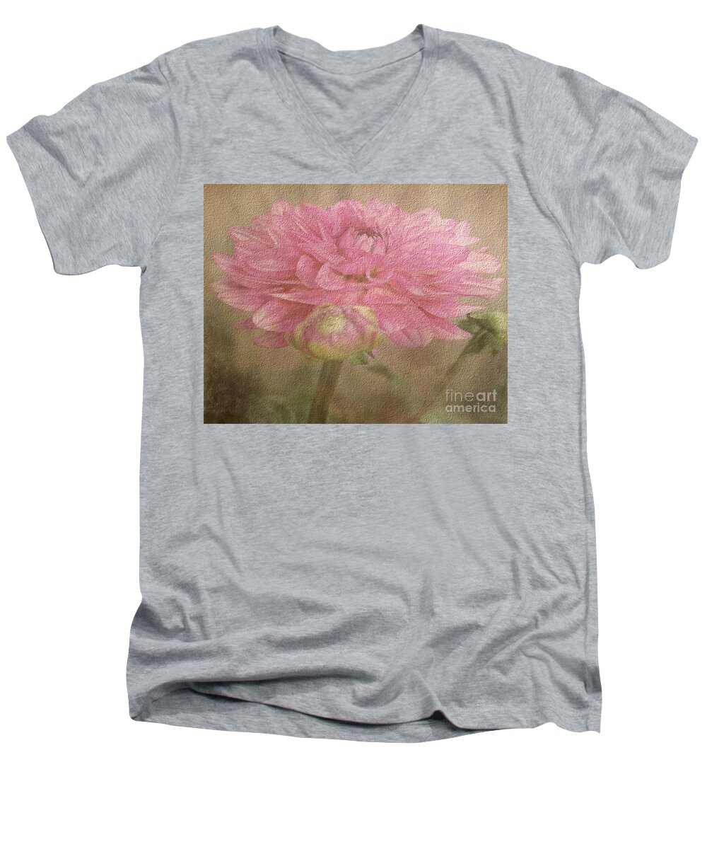 Dahlia Men's V-Neck T-Shirt featuring the photograph Soft Graceful Pink Painted Dahlia by Judy Palkimas