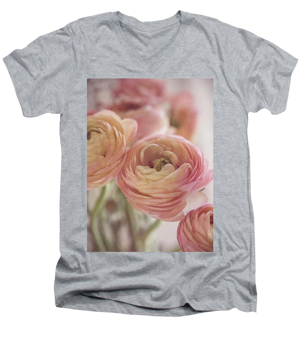 Ranunculus Men's V-Neck T-Shirt featuring the photograph Soft Pink Ranunculus by Teresa Wilson