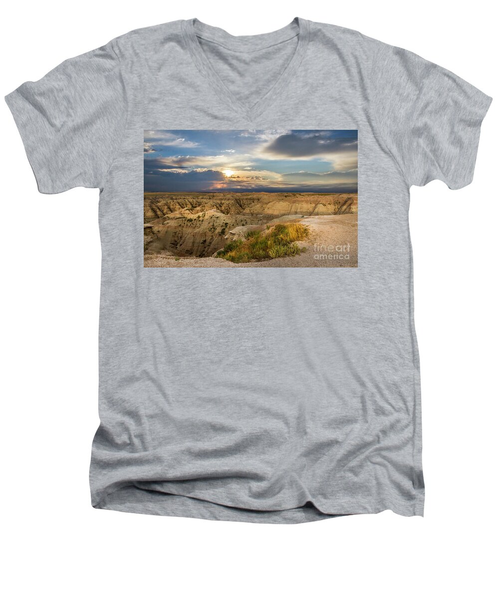Badlands Men's V-Neck T-Shirt featuring the photograph South Dakota Sunrise by Karen Jorstad