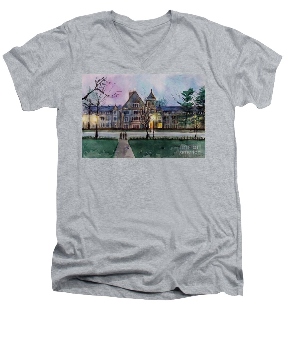 University Of Michigan Men's V-Neck T-Shirt featuring the painting School of Law - University of Michigan by Yoshiko Mishina