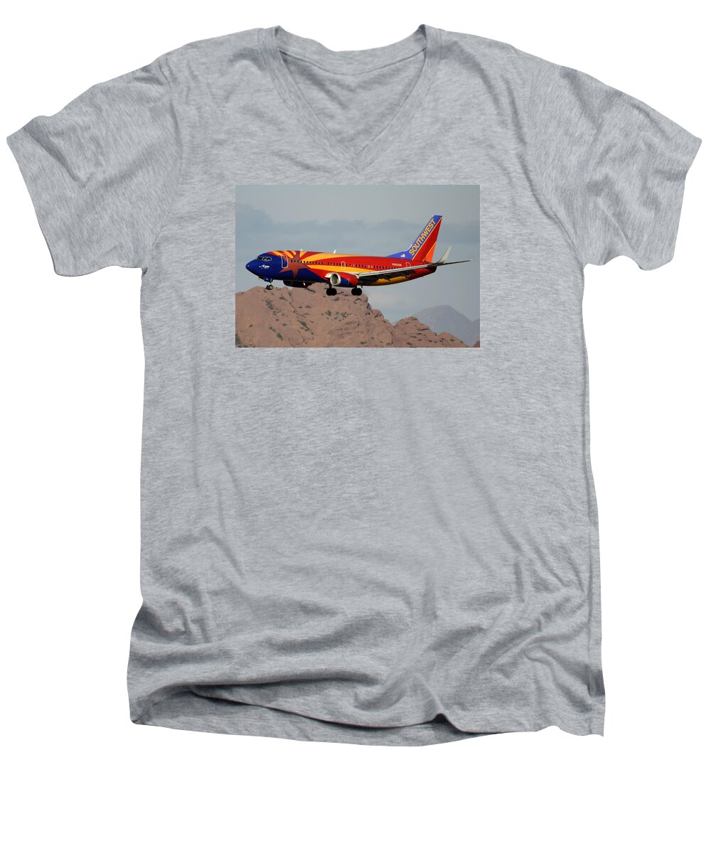 Airplane Men's V-Neck T-Shirt featuring the photograph Southwest Boeing 737-3H4 N383SW Arizona Phoenix Sky Harbor December 20 2015 by Brian Lockett