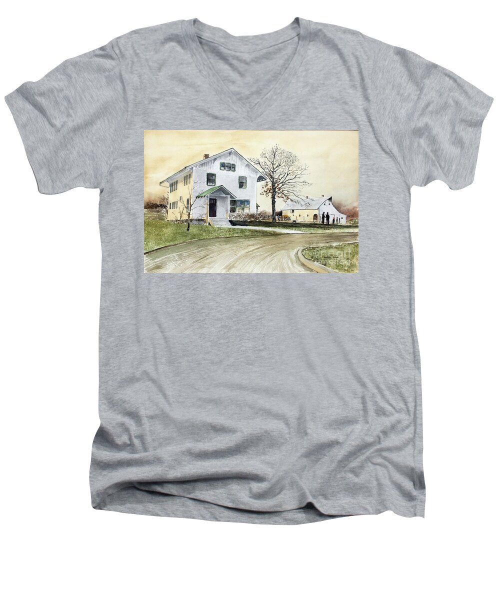 A Beautiful Farmhouse In The Light Of The Late Afternoon Sun. Men's V-Neck T-Shirt featuring the painting Sperry Homestead by Monte Toon