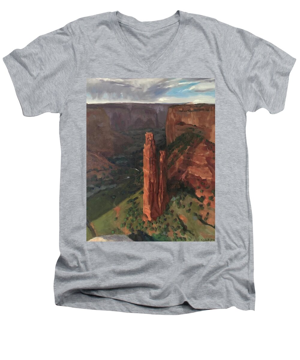 Arizona Men's V-Neck T-Shirt featuring the painting Spider Rock, Canyon de Chelly by Elizabeth Jose