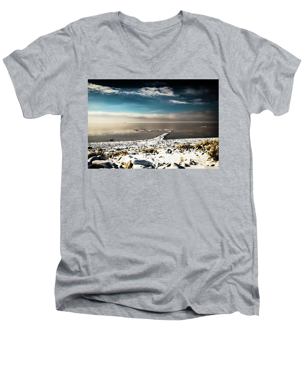 Spiral Jetty Men's V-Neck T-Shirt featuring the photograph Spiral Jetty in winter by Bryan Carter