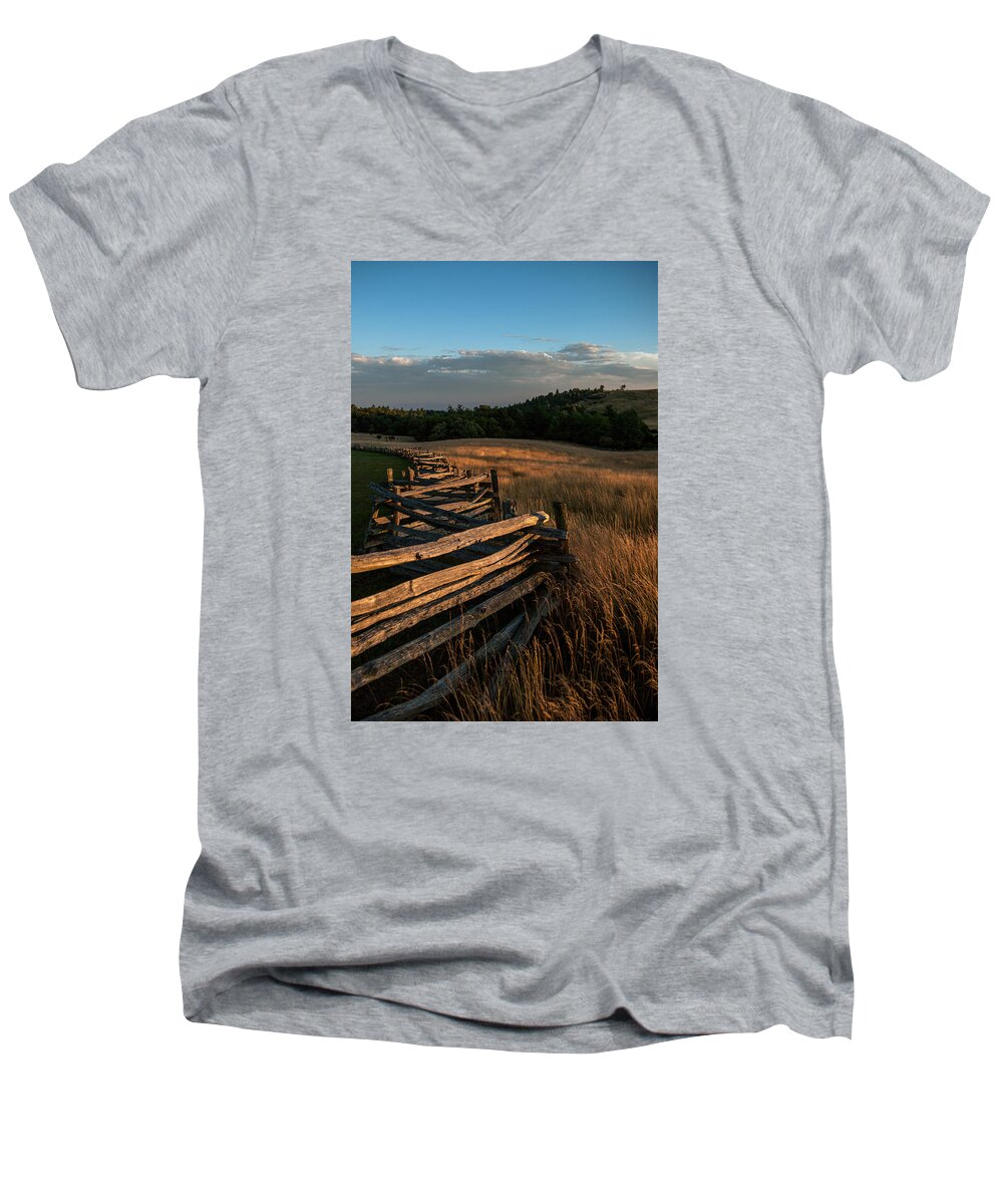 Doughton Park Men's V-Neck T-Shirt featuring the photograph Split Rail Fence at Doughton Park on the Blue Ridge Parkway by John Harmon