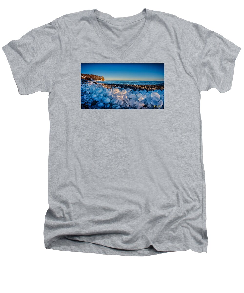 Ice Men's V-Neck T-Shirt featuring the photograph Split Rock Lighthouse with Ice Balls by Rikk Flohr