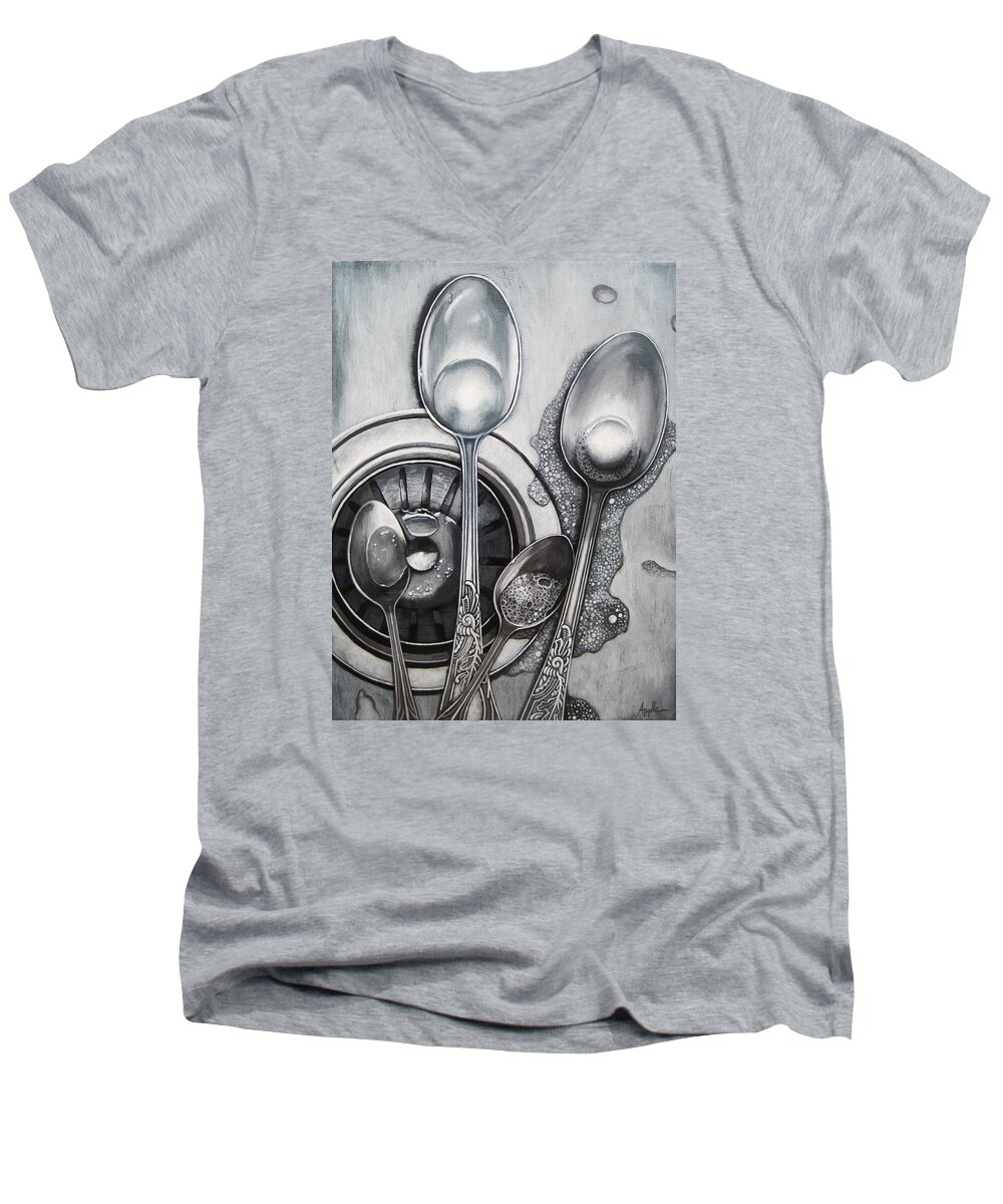 Still Life Painting Men's V-Neck T-Shirt featuring the painting Spoons realistic still life acrylic painting by Linda Apple