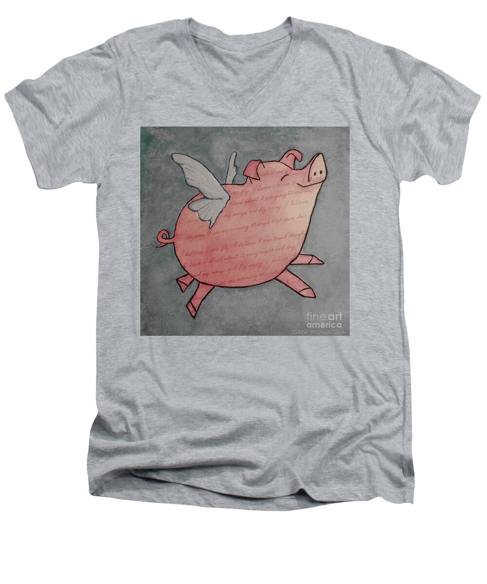 Pig Men's V-Neck T-Shirt featuring the painting Spread My Wings and Fly Away by Danny Mongosa