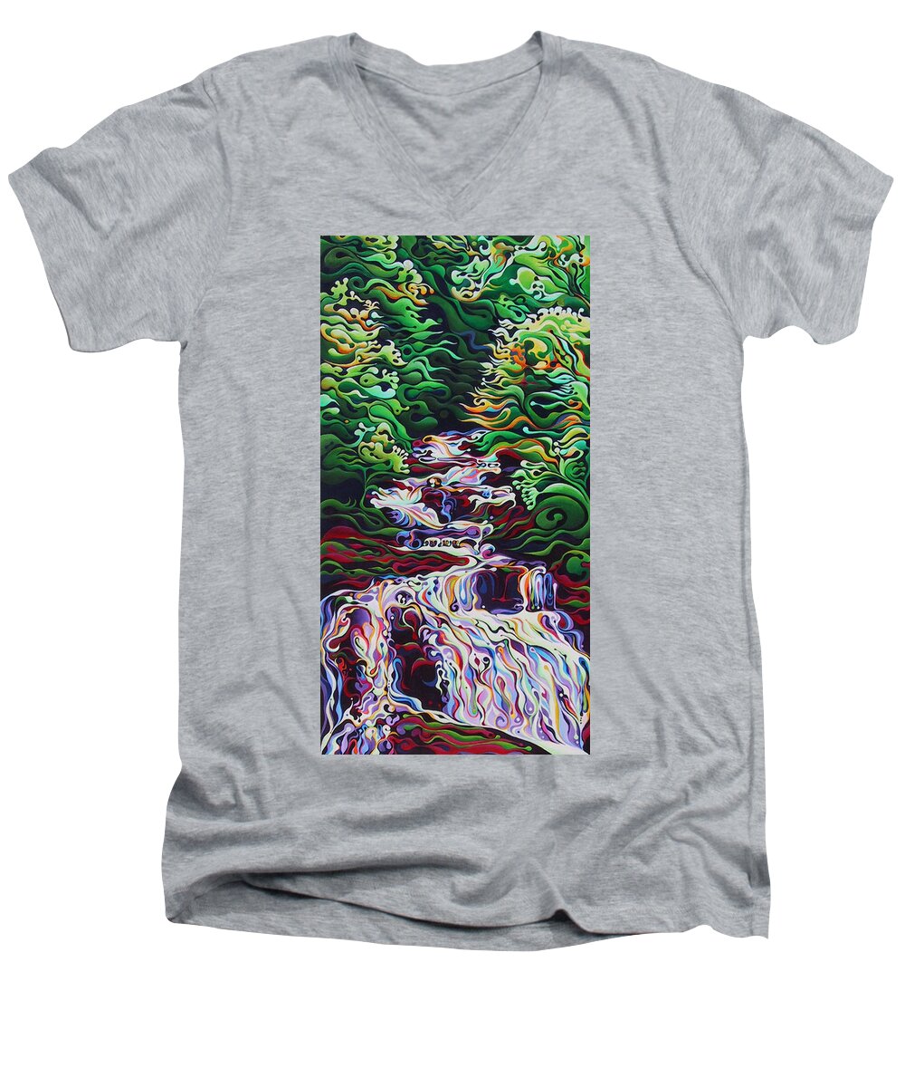 Waterfall Men's V-Neck T-Shirt featuring the painting Spring Cascade by Amy Ferrari