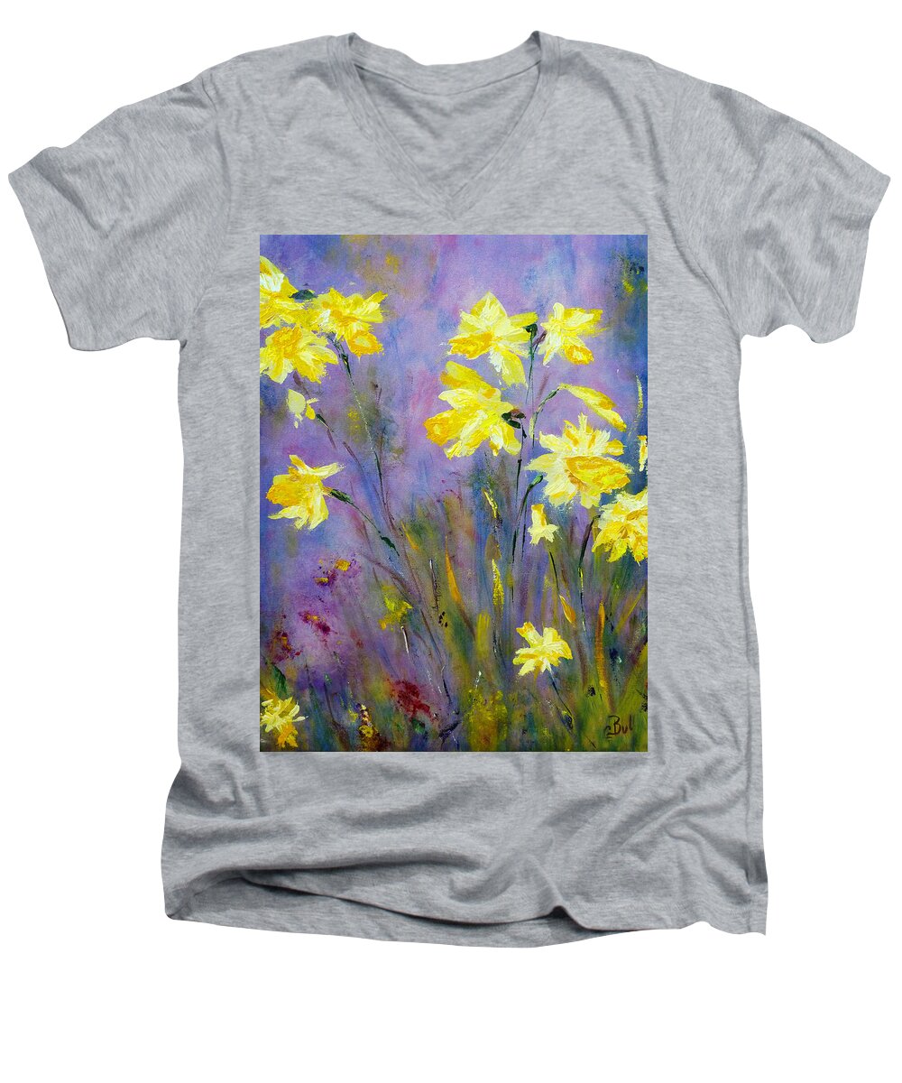 Floral Art Men's V-Neck T-Shirt featuring the painting Spring Daffodils by Claire Bull