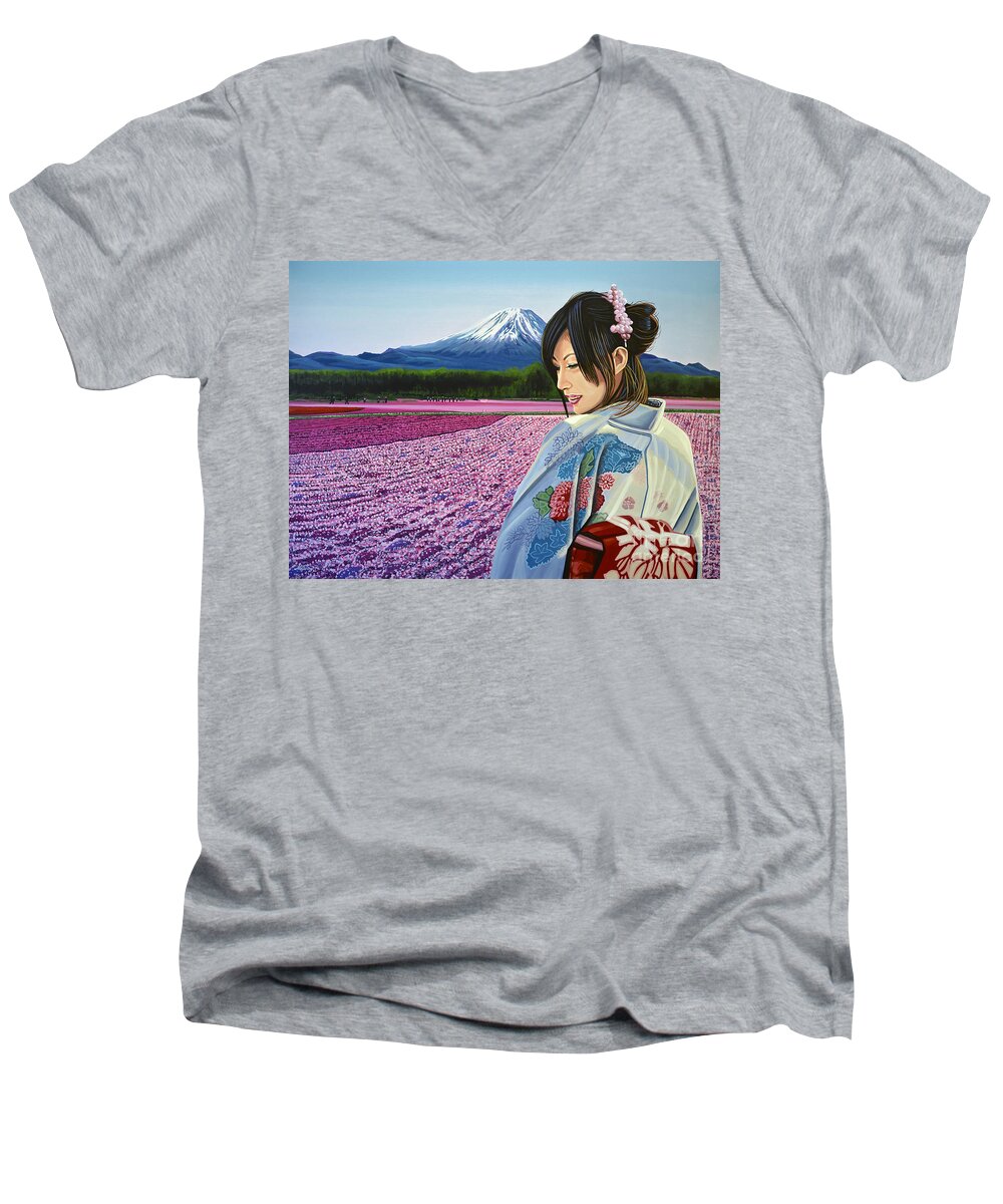 Japan Men's V-Neck T-Shirt featuring the painting Spring in Japan by Paul Meijering