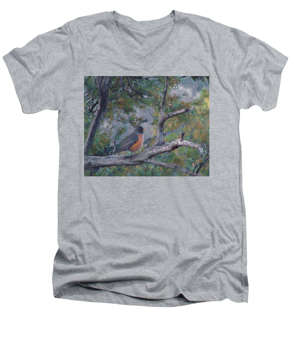Animals Men's V-Neck T-Shirt featuring the digital art Spring Morning Robin DA by Ernest Echols